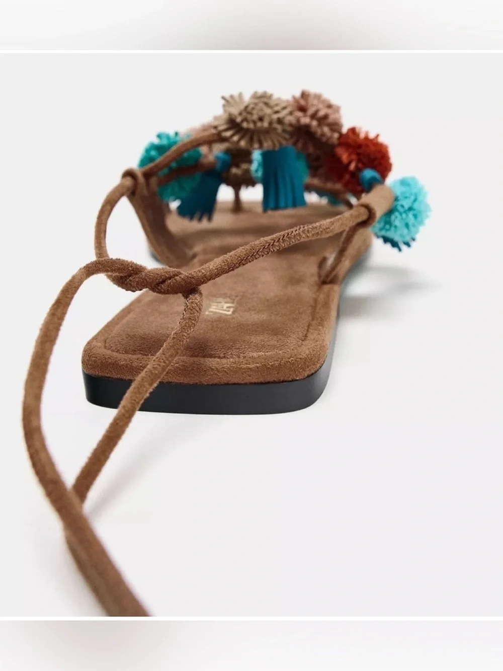 Zara Brown Pom-Pom Ankle Tie Sandals 39 - Picture 5 of 7